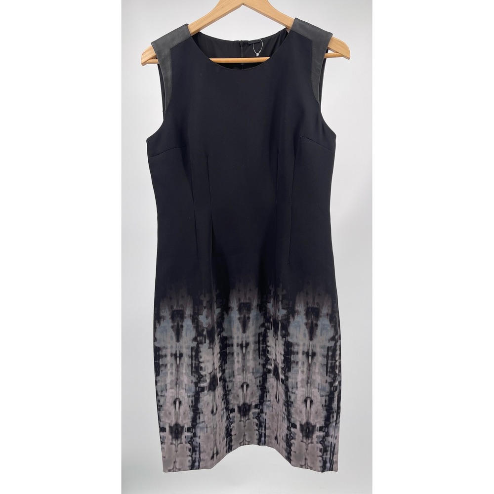 Elie Tahari Dress Womens 6 Black Gray Abstract Print Leather Trim Sheath